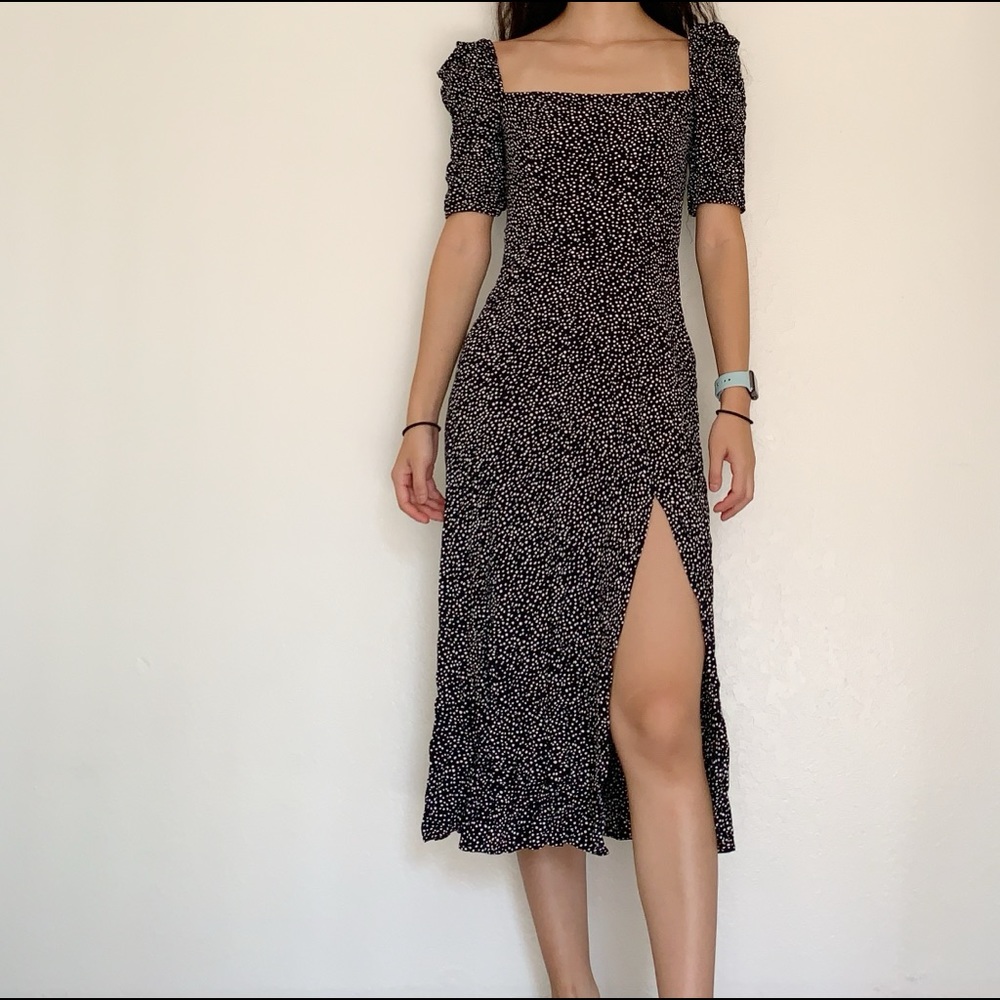 Square Neck Polka Dot Midi Dress with Slit